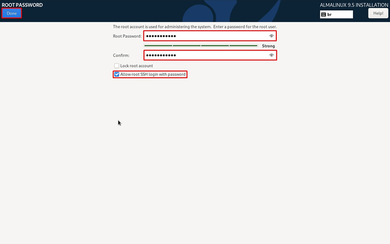 Instalação do Alma Linux - Password root